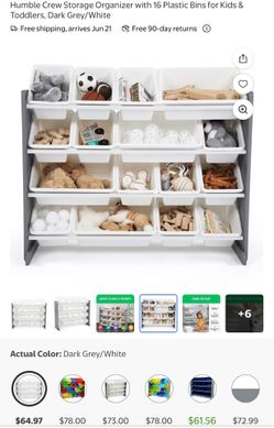 Storage Organizer with 16 Plastic Bins for Kids & Toddlers, Dark Grey/White