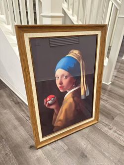 Girl with a Pearl Earring Holding a Poké Ball Framed Wall Art