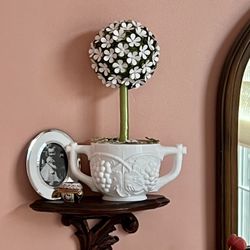 Lidded White Milk Glass Sugar Bowl with a Paper Flower Topiary