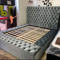 Brand New/ Gray Velvet Queen Storage Platform Bed Frame Cama// King Size Available,  Mattress Sold Separately 