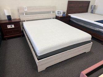 White Wood Platform Bed Frame with Headboard