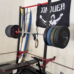 Home Gym With Barbell, Bumper Plates, Bench, Squat Rack 