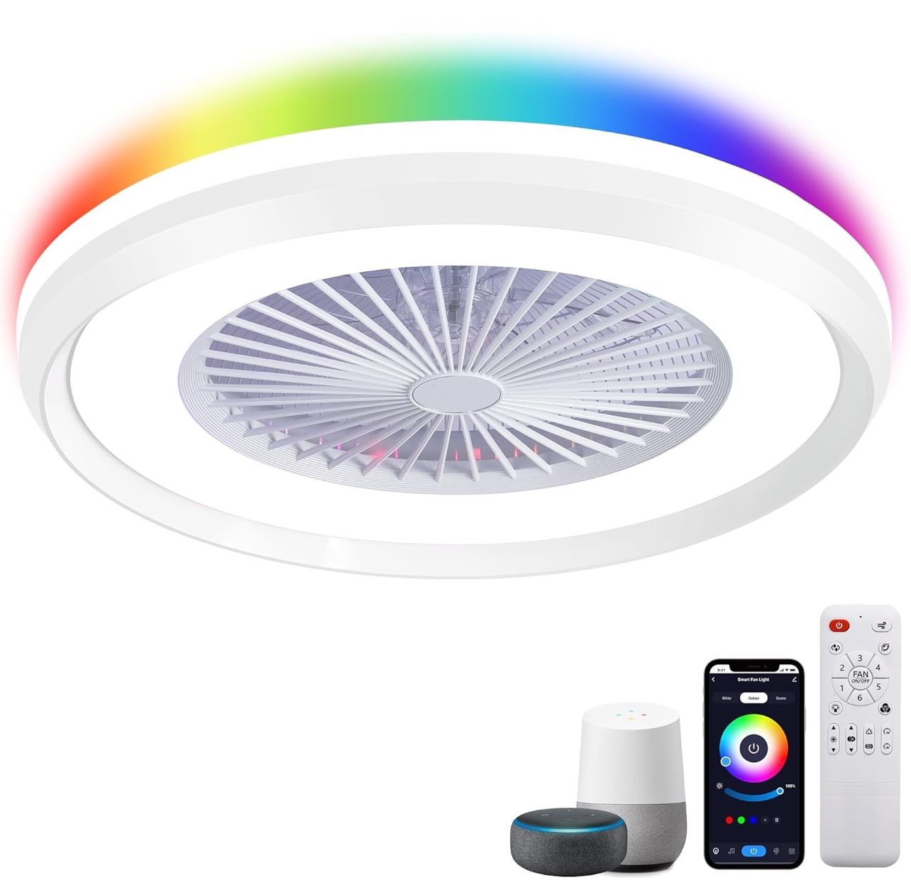 24" Low Profile Ceiling Fan with RGB Lights, White Remote/APP/Voice Smart Flush Mount Ventilador