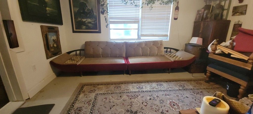 '70s era crushed red velvet mint with mosaic tile tables on the end