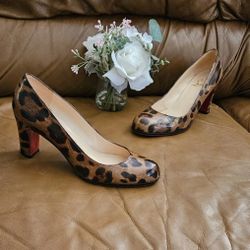 Women's Christian Louboutin Leopard Print PVC Luxury Block Heels Size 7 US