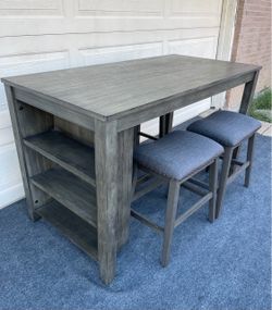 5-PC AESTHETIC HIGH TOP GRAY FINISH DINING SET (TABLE WITH SHELVES AND 4 PADDED STOOLS)