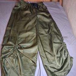 ADIDAS Originals Pants Women L Green CARGO Wide Leg Satin Jumpsuit Ankle HF2099