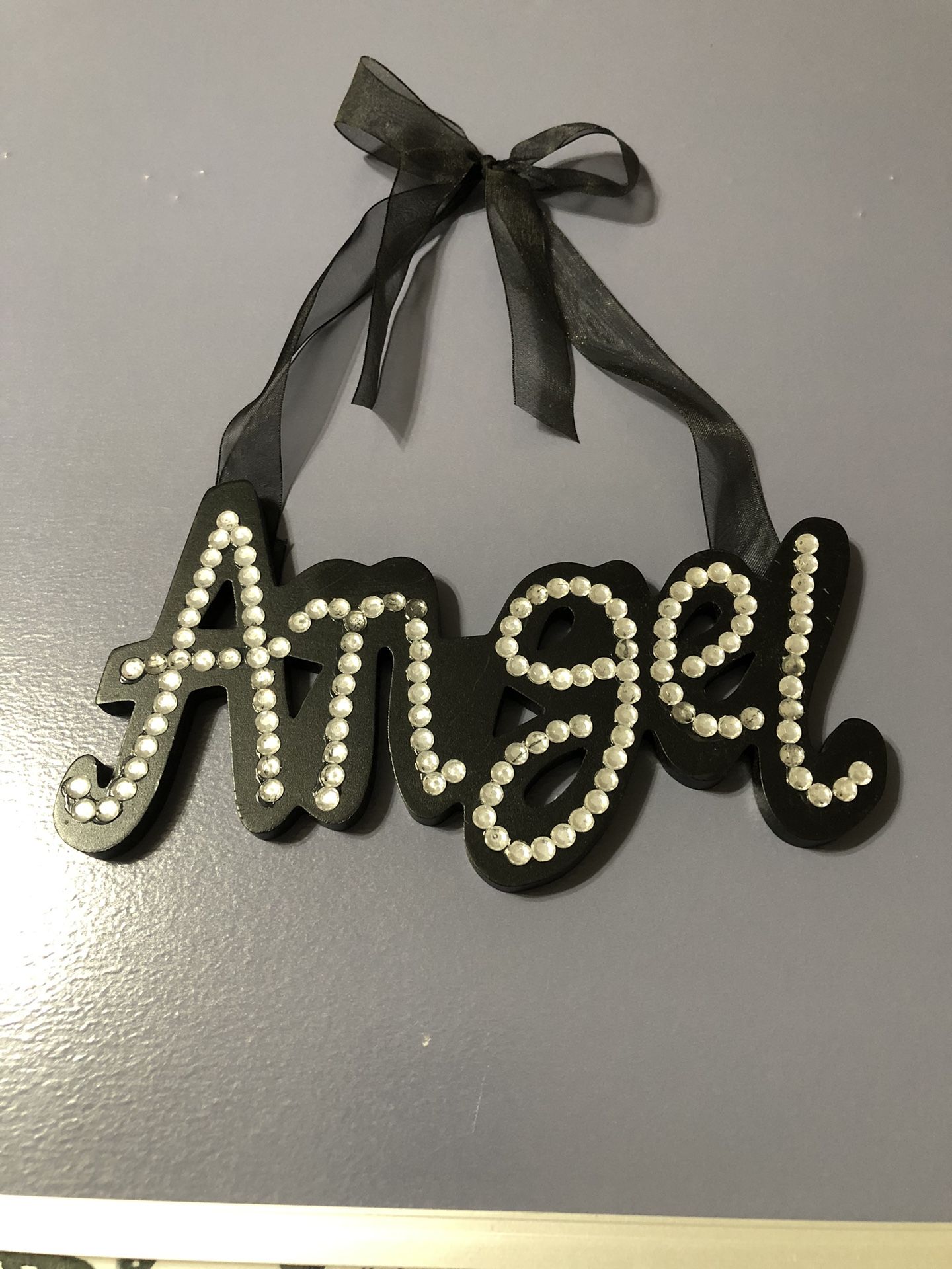 Angel  Wall Hanging - Black With Diamond Accents And black Sheer Ribbon 