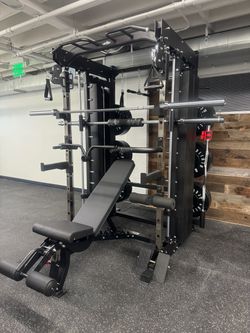 Smith Machine, Pulley System, Power Rack, Rubber Weights, Dumbbells