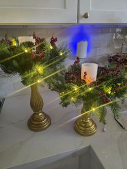 Gold Pedestal Christmas Centerpieces with Lights – Set of 2