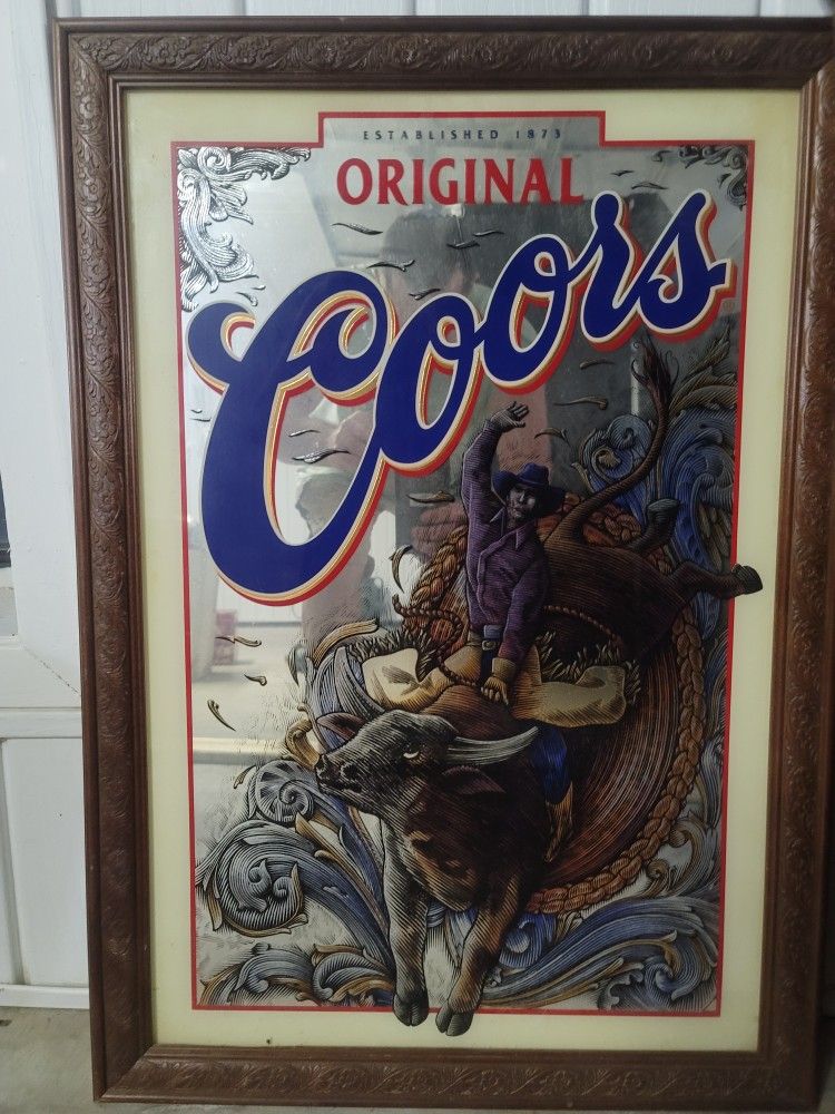 COORS BEER BULL MIRROR W/WOOD FRAME 