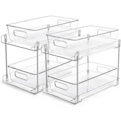 (H) 2 Tier Bathroom Storage Organizer, 2 Pack Clear Under Sink Organizers Vanity Counter Container, Cabinet Drawe