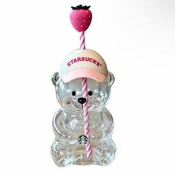 Starbucks Bear Glass Cup with Strawberry Straw