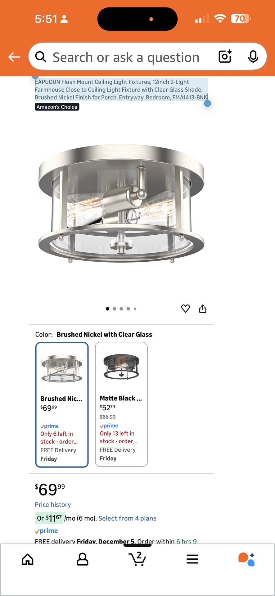 EAPUDUN Flush Mount Ceiling Light Fixtures, 12inch 2-Light Farmhouse Close to Ceiling Light Fixture with Clear Glass Shade, Brushed Nickel Finish for 