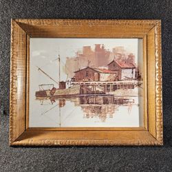 Rare Vintage Circa 1970s-1980s Print Of A Watercolor Fishing Harbor Scene Signed By Unknown Artist 
