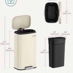 Trash Can with Lid, 8 Gallon Garbage Can, Stainless Steel Small Waste Bin with Step Pedal and Inner Bucket, Soft Close, Kitchen, Sand Beig