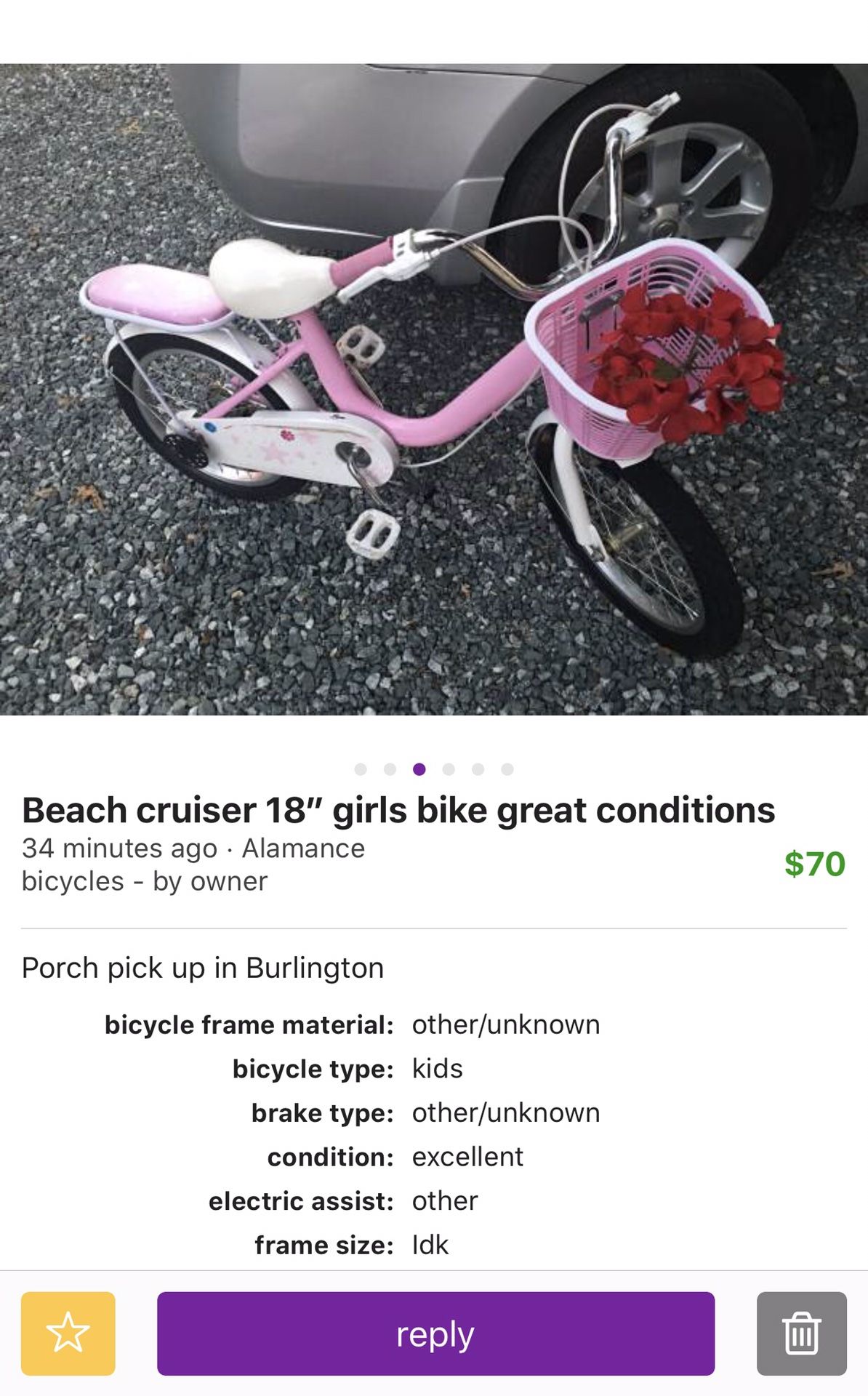 Beach cruiser 18” girl bike firm price
