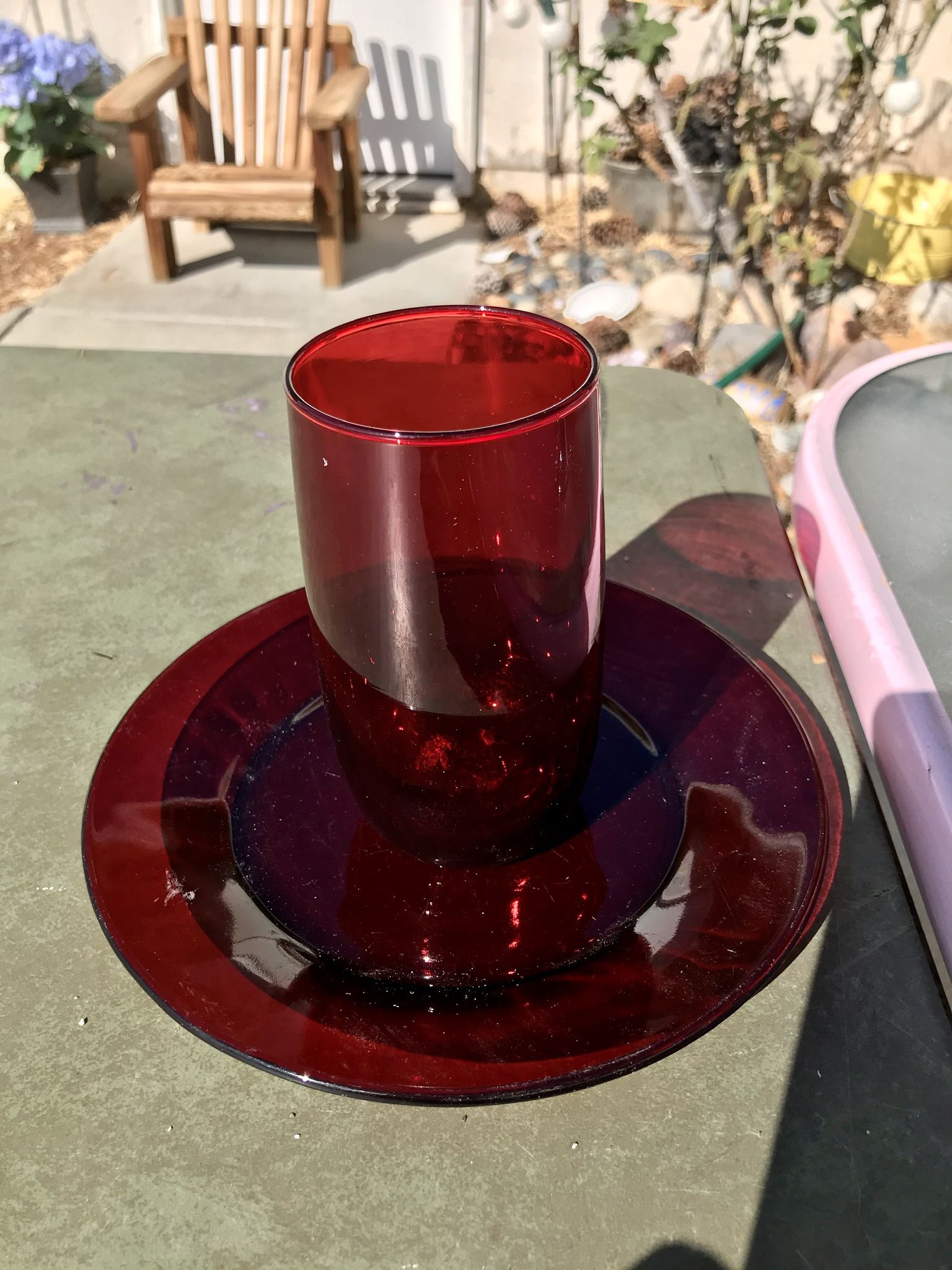 Vintage Ruby Red Beverage Glass And Snack Plate 