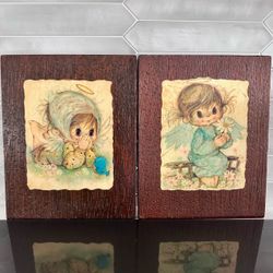 Set of 2 vintage big eyes angel babies art wall hangings. Decoupage on textured wood  14 1/8” tall x 11 1/4” wide
