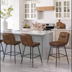 Bar Stools Set of 3, Double-Layer Upholstered Counter Height Bar Stools for Kitchen Island, Faux Lea