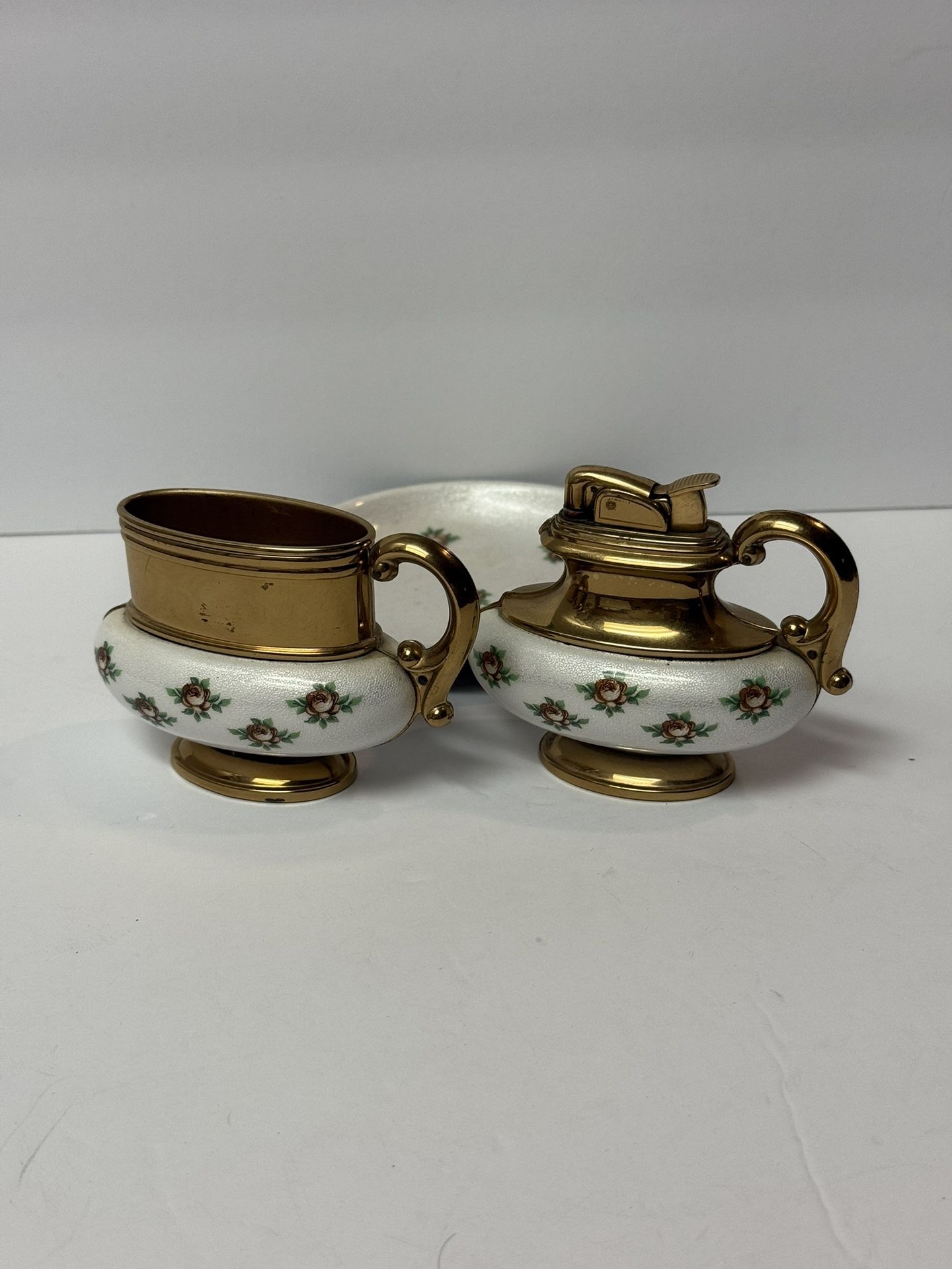 Vintage Evans Enameled Table Cigarette Lighter & Matching Ashtray Set