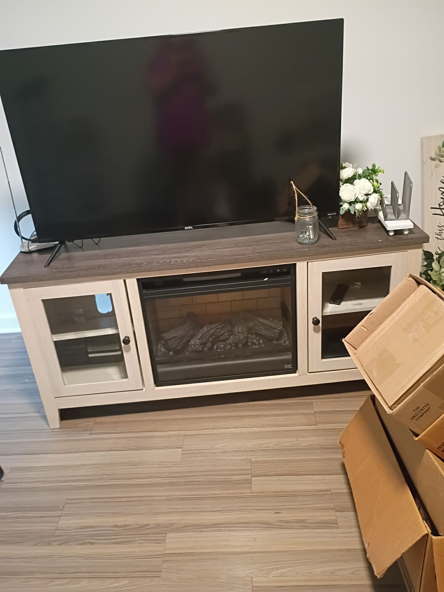 TV stand with fireplace attachment to electric fireplace