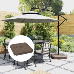 Modern Outdoor 10 Ft Offset Cantilever Patio Umbrella With Solar Powered LED lights. 8 Sturdy Ribs including weight base kakki beige color|