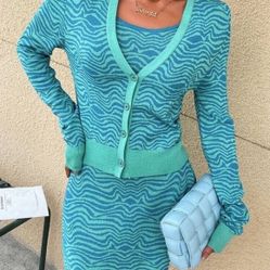 Zara Blue Turquoise Waves Jacquard Knit Cropped Cardigan  and Dress.
