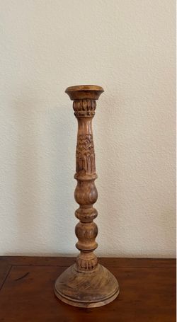 Tall Carved Wood Pillar Candlestick Holder