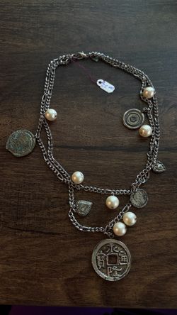 Silver-Tone Multi-Strand Charm Necklace with Faux Pearls and Coins