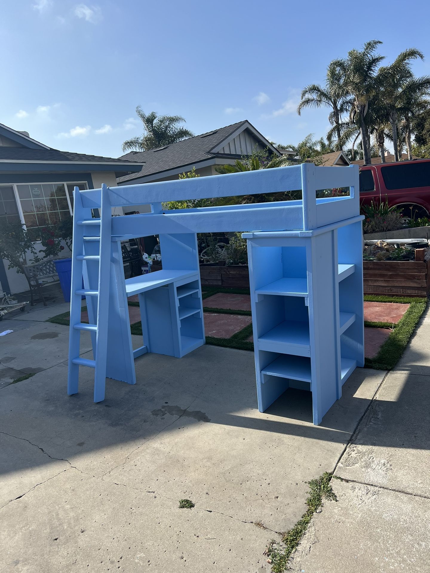 Twin Size Bed With Ladder, shelves, & Desk