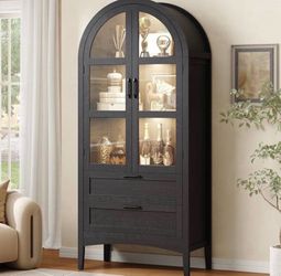 Tall Arched Storage Display Cabinet with LED, Kitchen Pantry , Storage Cabinet , Display Pantry