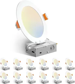 Amico 12 Pack 6 Inch LED Recessed Lighting, Canless Wafer Downlight, White
5CCT 2700K-5000K, 5%-100% Dimmable, Ultra-thin, Metal housing, 1050LM 12W 1