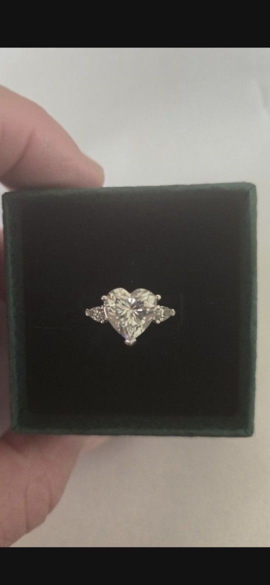 Silver Genuine 4 Ct Center Heart ❤️ Cut Moissanite  Ring W/ Accents Size 8