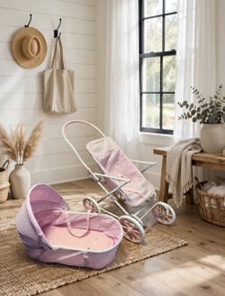 Adorable Vintage Doll Buggy Stroller with Bassinet / Travel Bed - Pink Gingham
