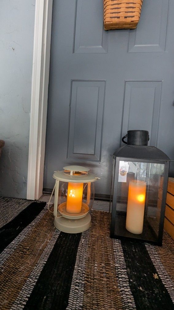 Pair of Outdoor Lanterns – Black & Cream – Porch or Patio Decor
