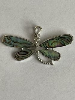 Cute/Unique Colorful Abalone Silver Tone Dragonfly Pendant 