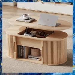 Oval 39" Lift Top Coffee Table With Sliding Door And Storage. New, Unassembled In Box.
