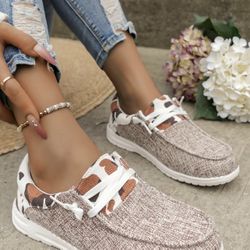 Woman’s Cow Print Lace Up Flat Sneakers, Trending Shoes, Brown, EU40