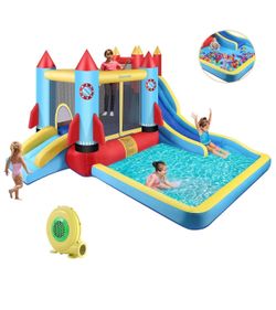DREAMVAN Kids Bounce House with Blower Inflatable Bounce Houses Double Slide Climbing Wall and Ball Pit/Pool Splash Big Bouncy House Bouncing Rocket J