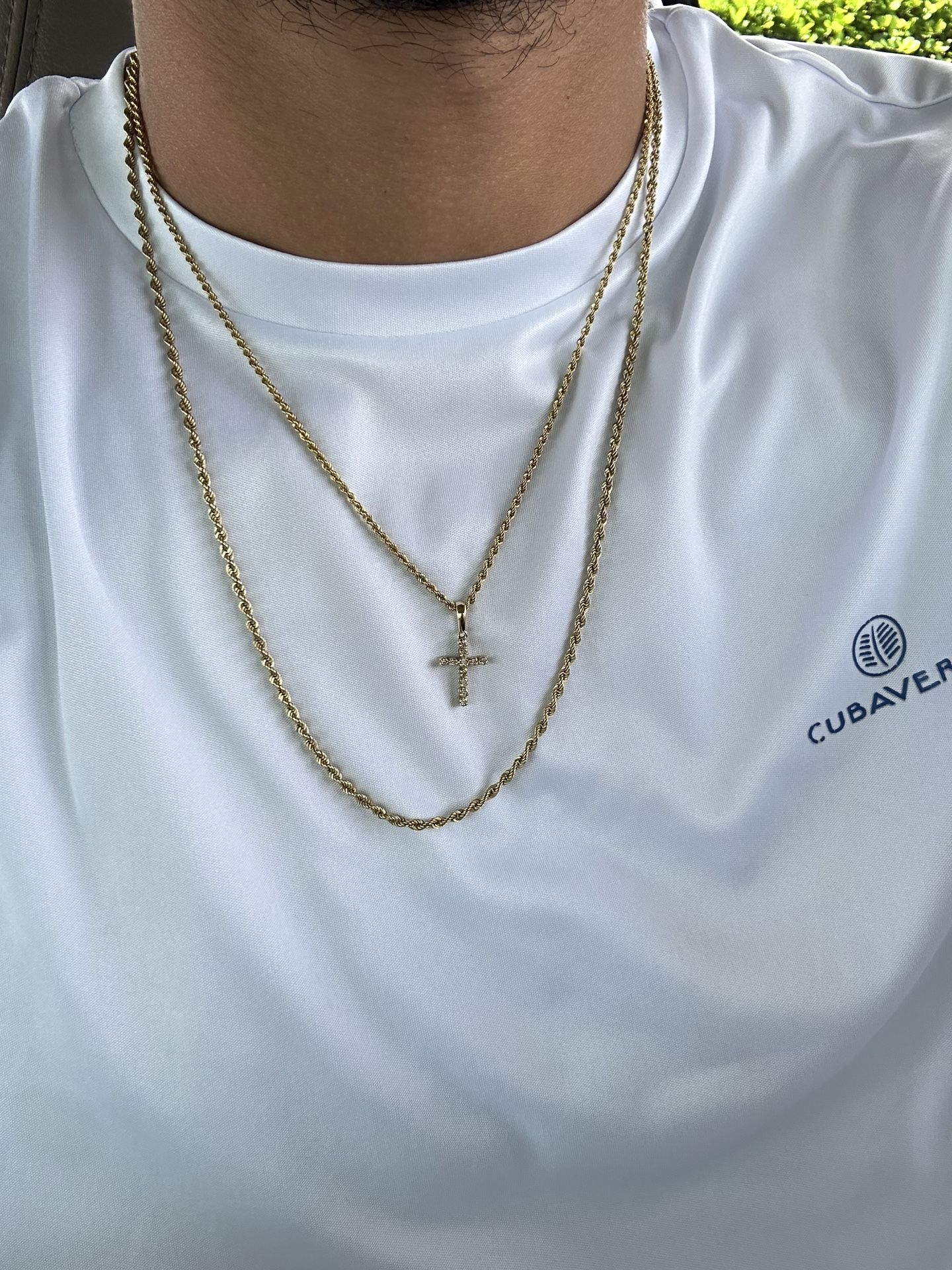 Two 10k Hollow Rope Chains With 14k Dimond Pendent