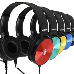 Classroom Headphones-Bulk 10-Pack, Student On Ear Color Varieties- Comfy Swivel Earphones