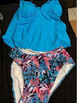 Swimcharm Women's Aqua Blue Floral Tankini High-Waisted 2 Piece Swimsuit L