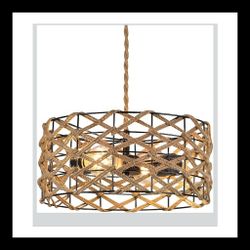 Boho Pendant Light Rustic Hand-Woven Hemp Rope Drum Cage Rattan Hanging Lamp Wicker Coastal Farmhouse Chandelier 2 Lights for Hallway Entryway Kitchen