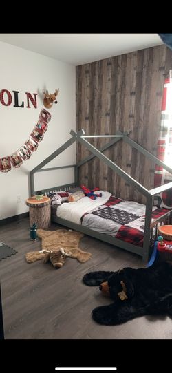 Twin wood house bed frame for kids