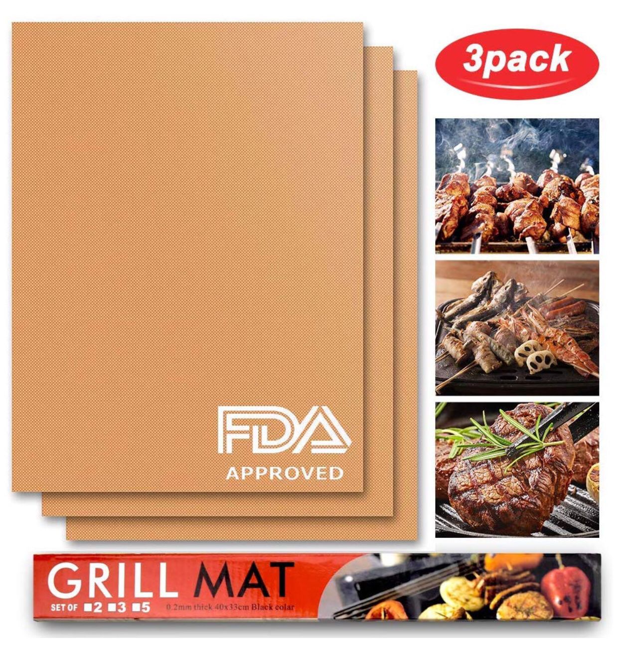 159. Non Stick BBQ Grill Mat - Set of 3 Barbecue Mat & Baking Mat-Reusable and Easy to Clean, for Gas, Charcoal, Electric Grill
