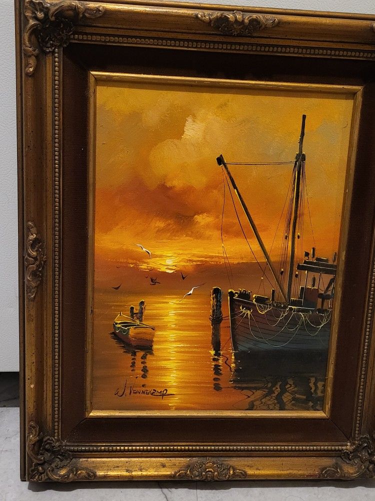 W. Vennekamp Sail Boat At Dock Oil On Canvas Sunset Seascape Painting