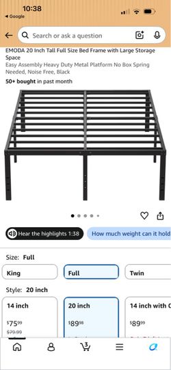 EMODA 20 Inch Tall Full Size Bed Frame with Large Storage Space, Easy Assembly Heavy Duty Metal Platform No Box Spring Needed, Noise Free, Black