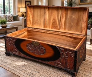 Large Vintage Asian Hand-Carved Wooden Storage Trunk