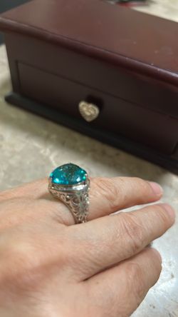 Vintage 925 Sterling Silver Heart Filigree Ring Large Teal Blue Green Stone Size